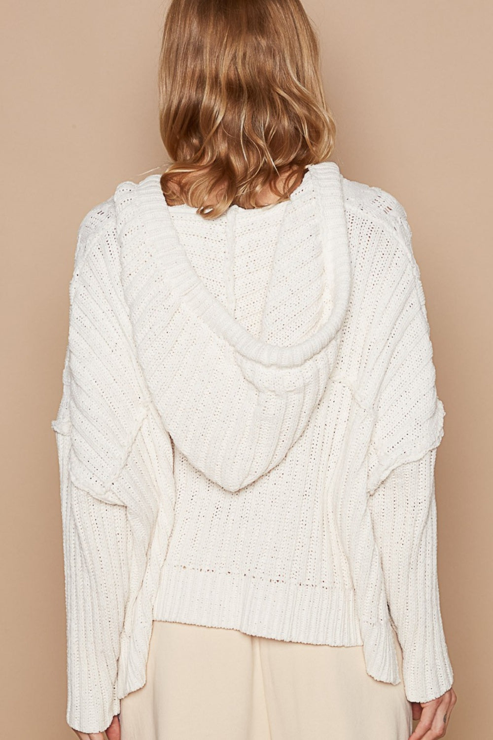 POL Rib Weave Hooded Cable Knit Sweater