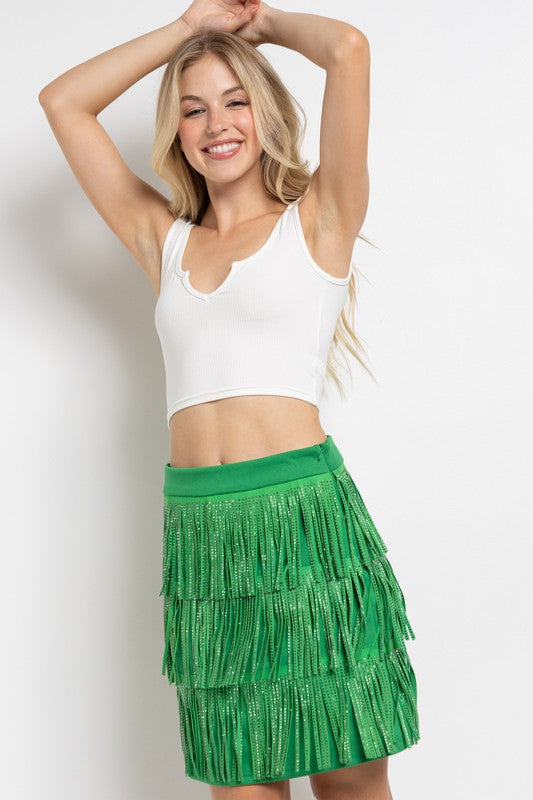 Sweet Generis Rhinestone Suede Fringe Skirt