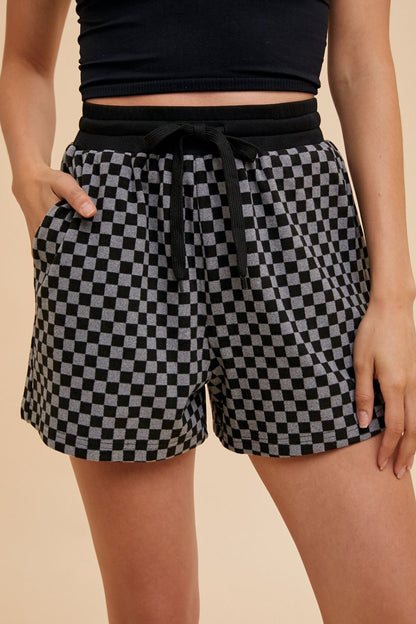 Annie Wear - Checkered Round Neck Top and Drawstring Shorts Set