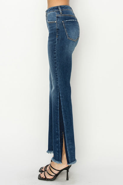 RISEN - Full Size High Rise Side Shadow Seam Detail Slit Flare Jeans