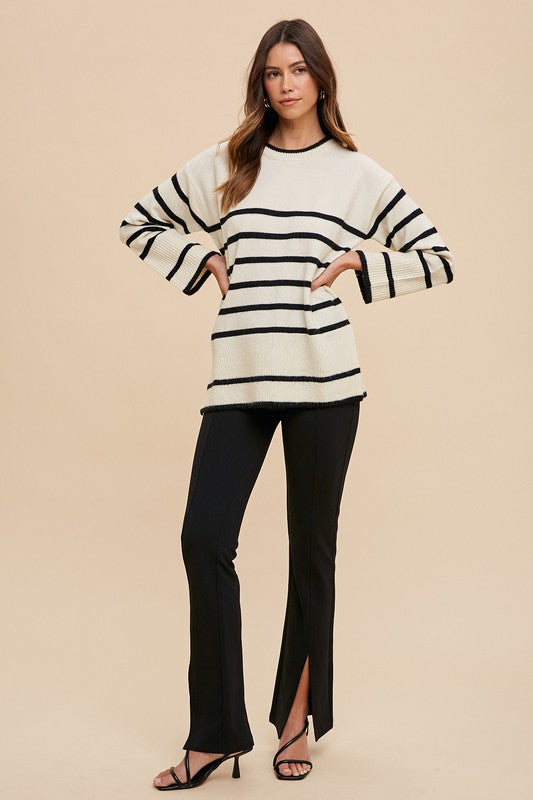 Annie Wear - Side Slit Striped Round Neck Sweater