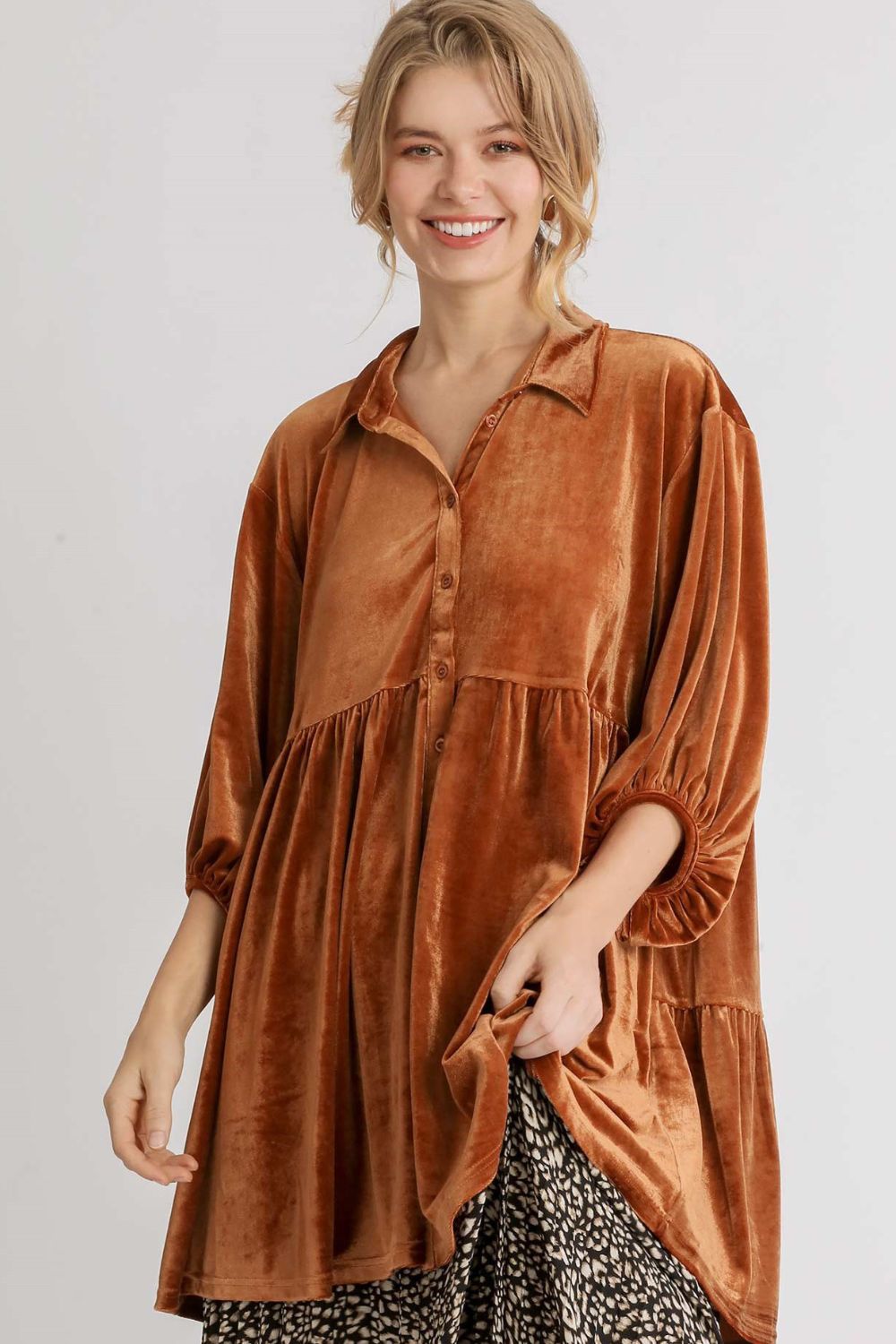 Umgee - Full Size Button Down Tiered Back High Low Shirt