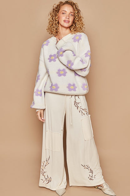 POL Daisy Pattern Drop Shoulder Sweater