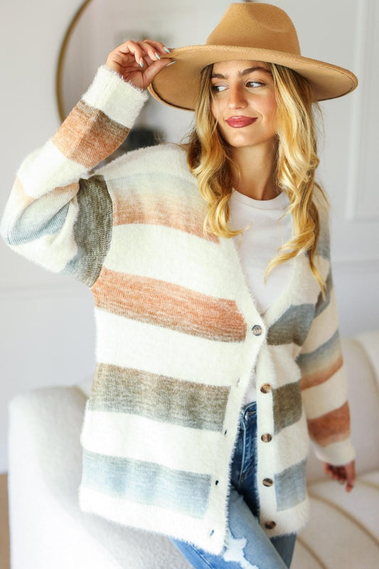 Haptics Full Size Stripe Soft Fuzzy Sweater Cardigan