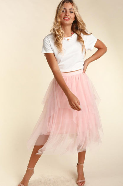 Plus Size - Asymmetric Tiered Tulle Midi Skirt