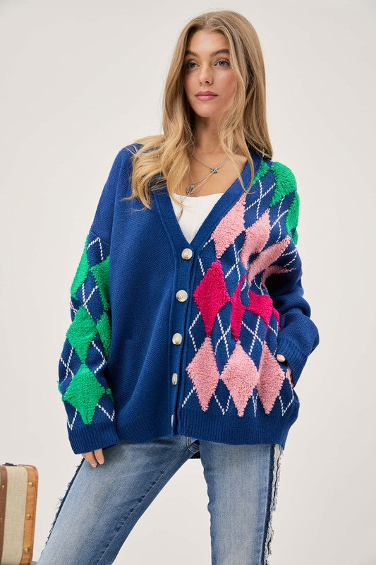 Davi & Dani Plush Argyle Knit Cardigan