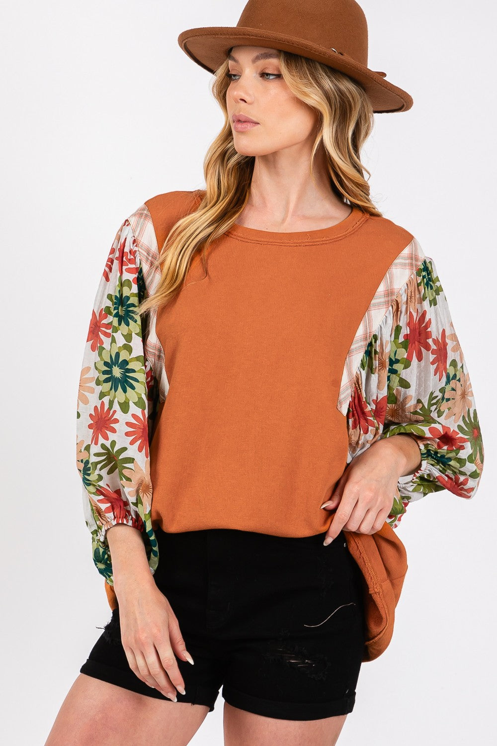 SAGE+FIG Full Size Printed Balloon Sleeve Contrast Top