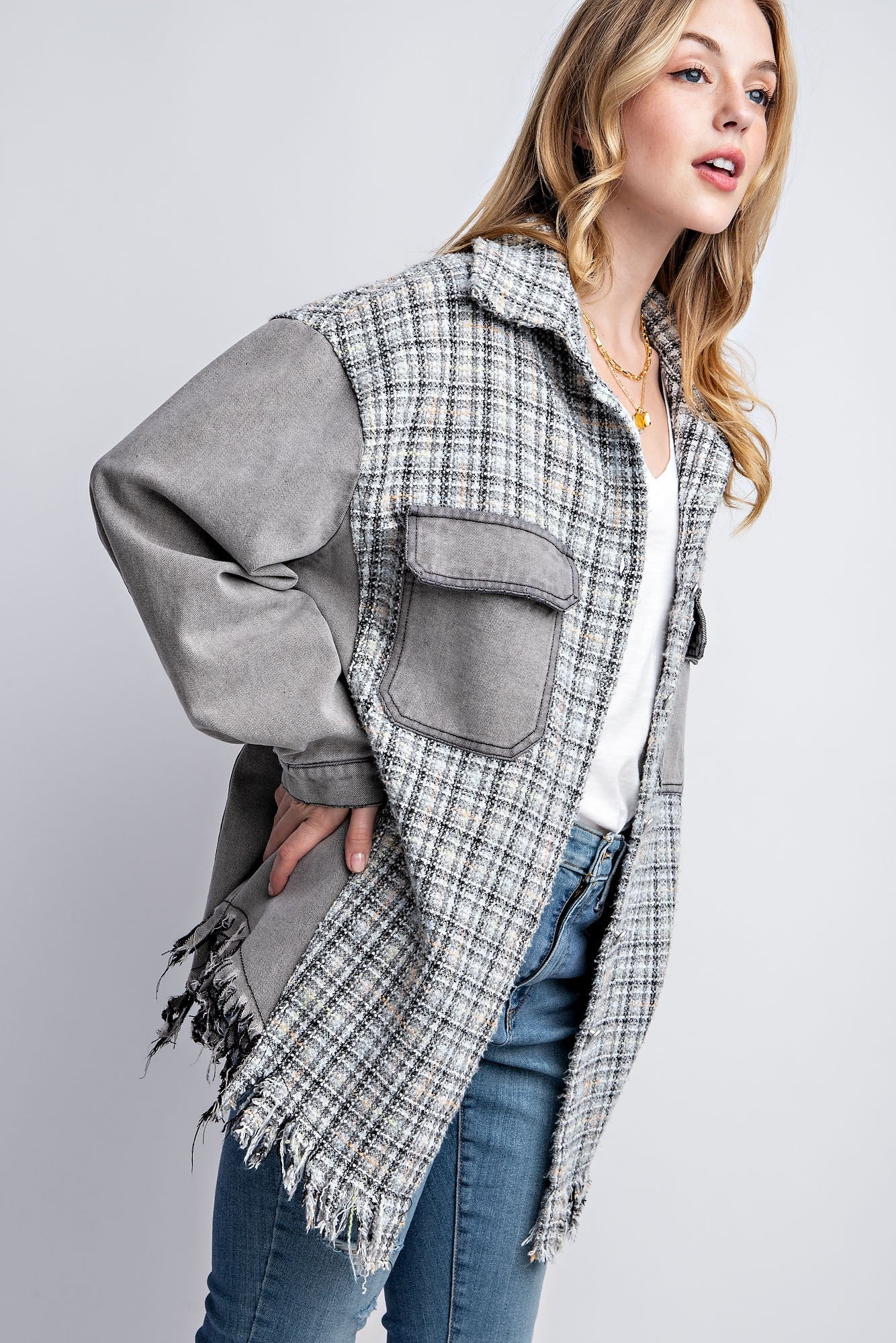 Sweet Generis - Tweed Mixed Denim Shacket with Fringed Hem