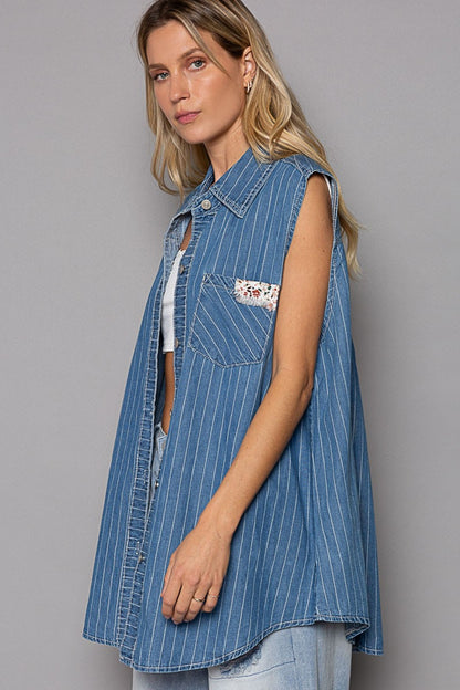 POL Sleeveless Striped Denim Shirt