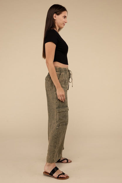 ZENANA Washed Linen Cargo Pants