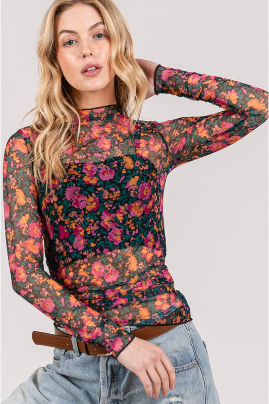 SAGE+FIG Floral Mesh Long Sleeve Top