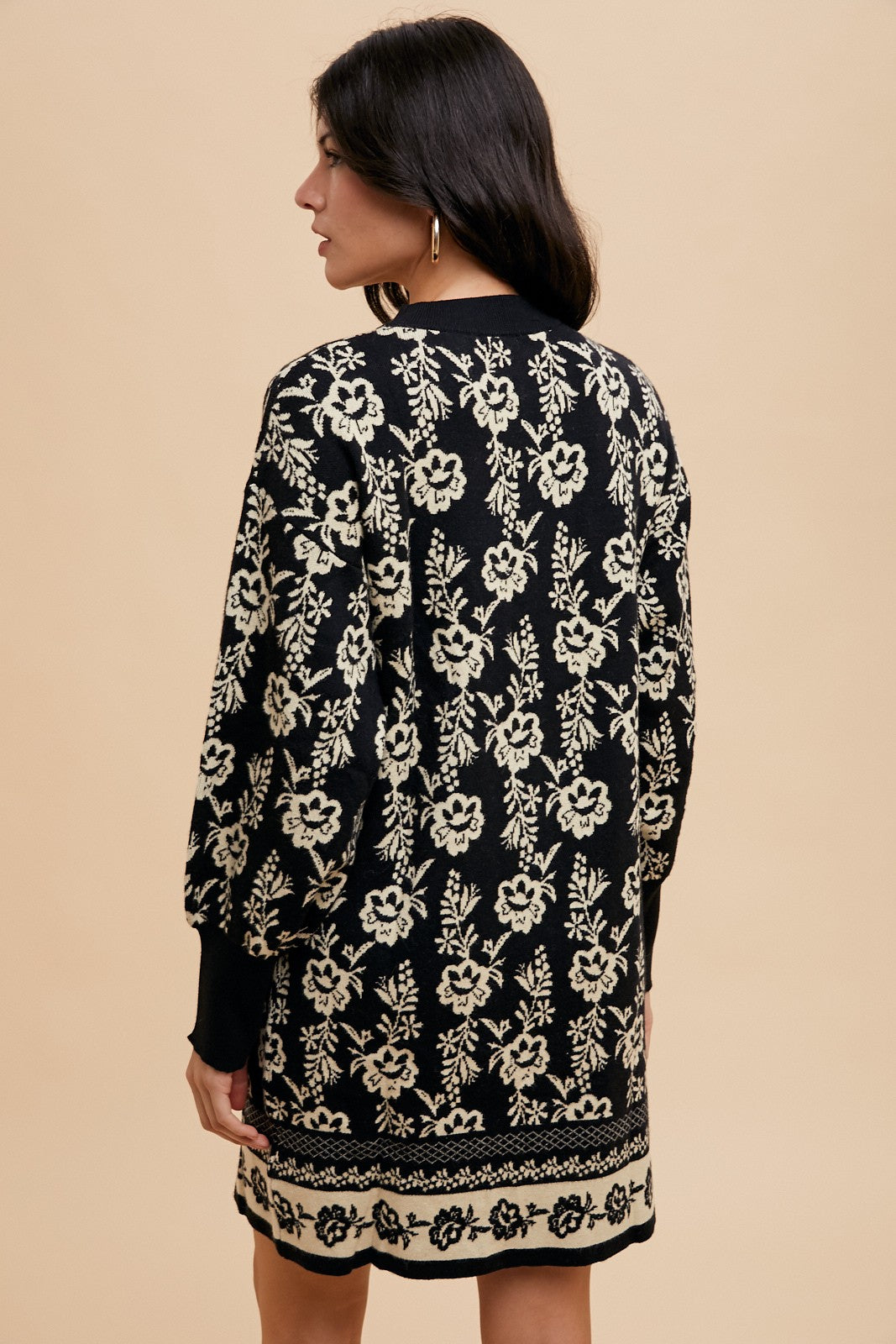 Annie Wear - Floral Jacquard Round Neck Sweater Dress