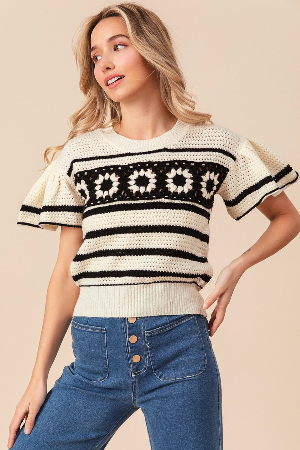 BiBi Granny Square Striped Sweater