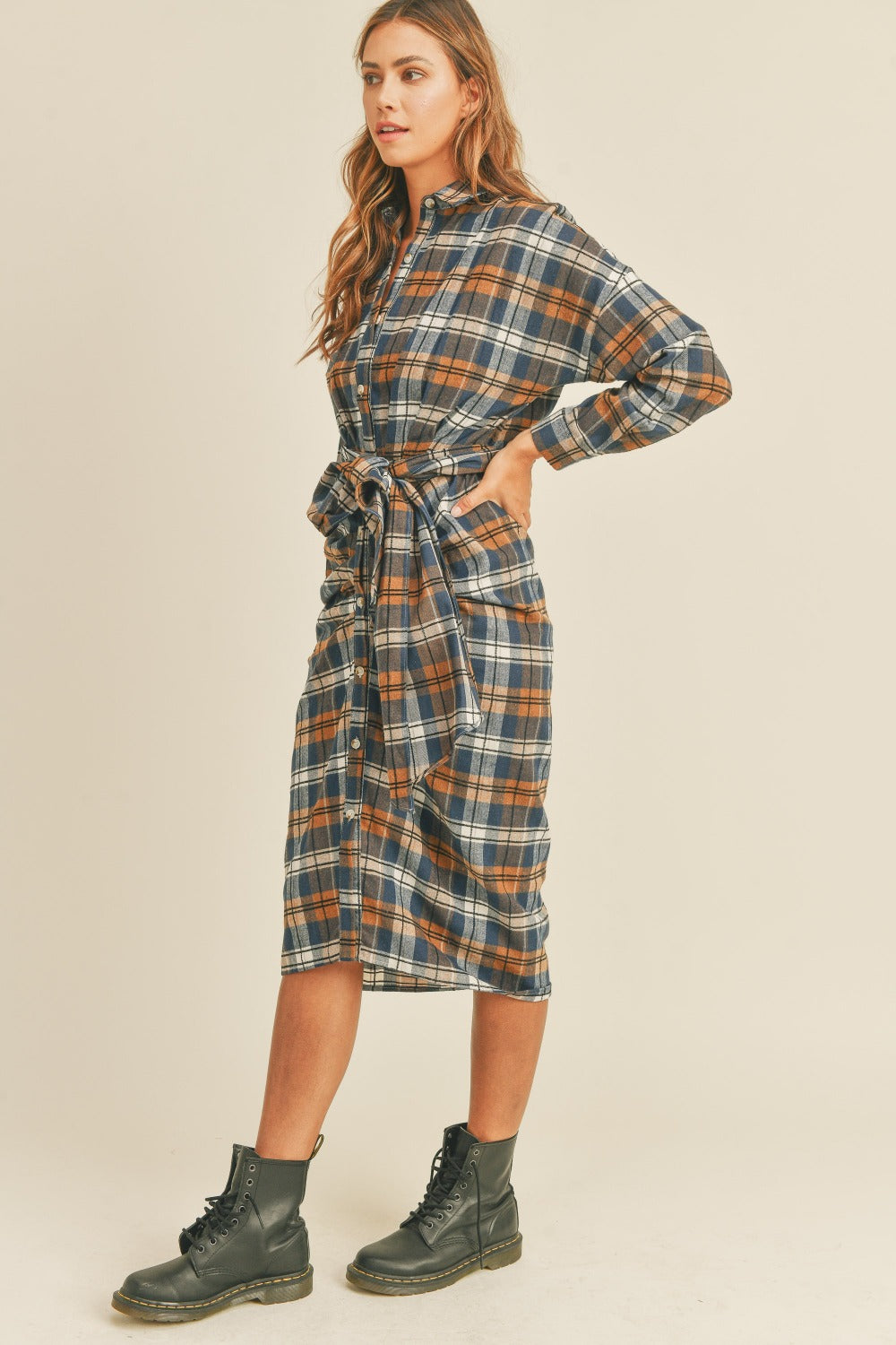 MABLE Plaid Flannel Front Tie Shirt Dress