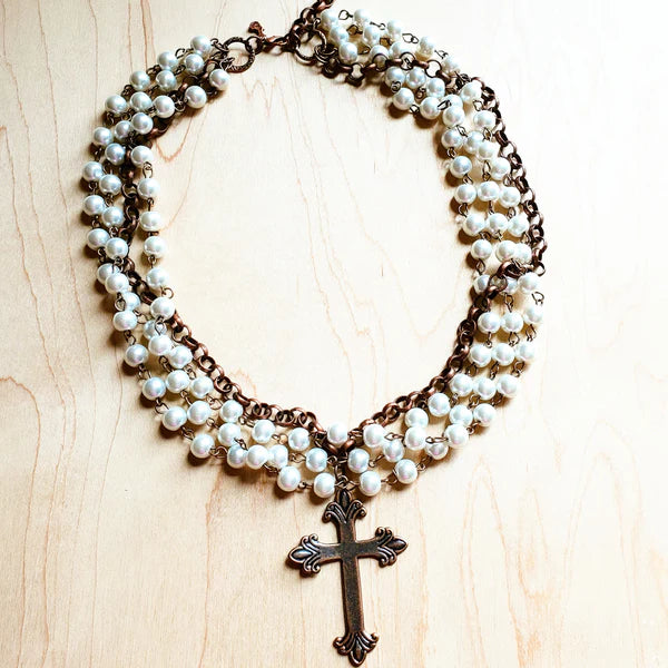 Pearl and Copper Collar Necklace with Copper Cross