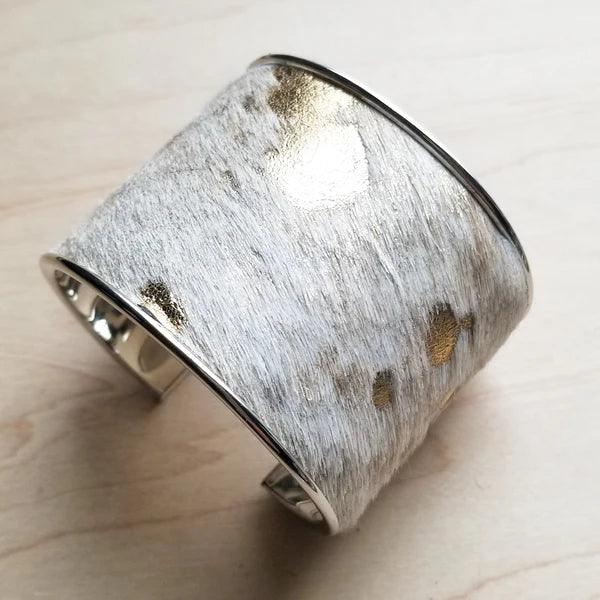 Hair-on-Hide Gold and Cream Metallic Leather Cuff Bangle Bracelet