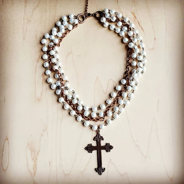 Pearl and Copper Collar Necklace with Copper Cross