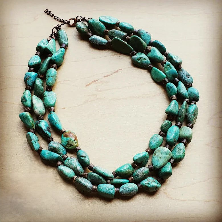 Large Triple Strand Natural Turquoise and Wood Necklace