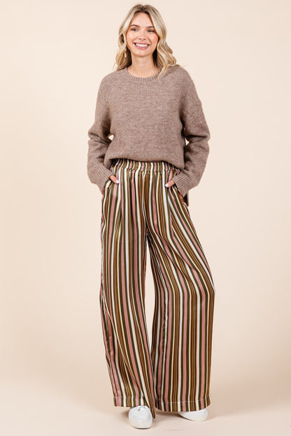 Mittoshop Striped Satin Elastic Waist Wide Leg Pants