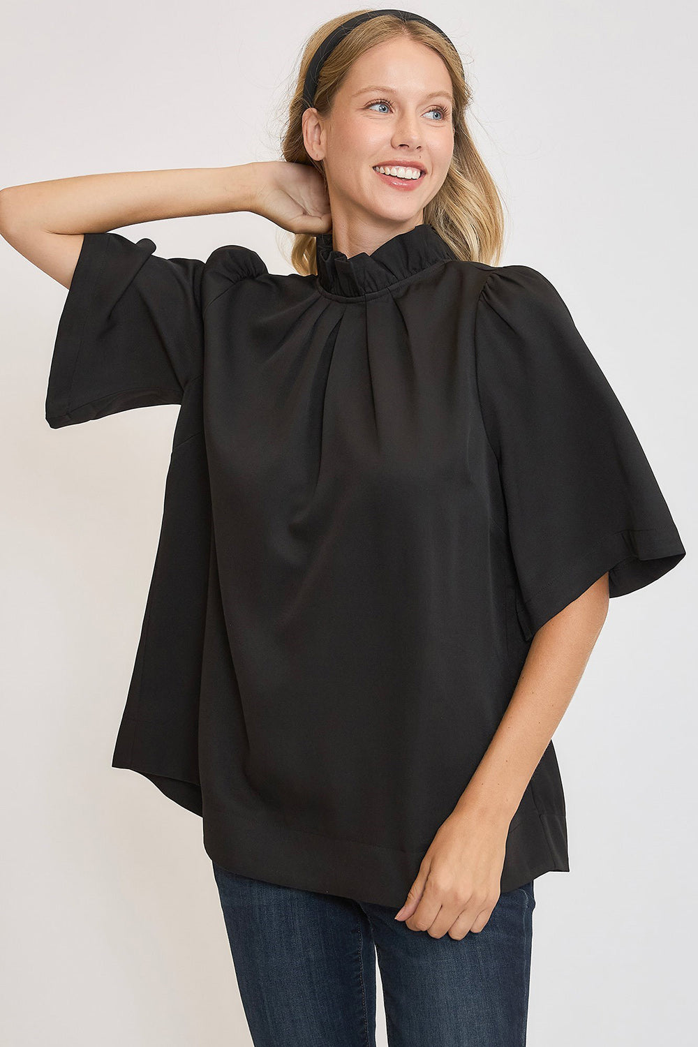 Umgee - Bow Tie Back Mock Neck Half Sleeve Blouse