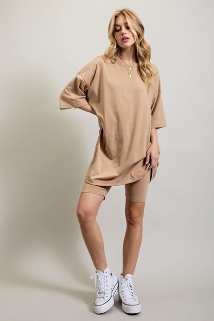 Sweet Generis - Oversized Knit Shirt and Casual Biker Shorts Set