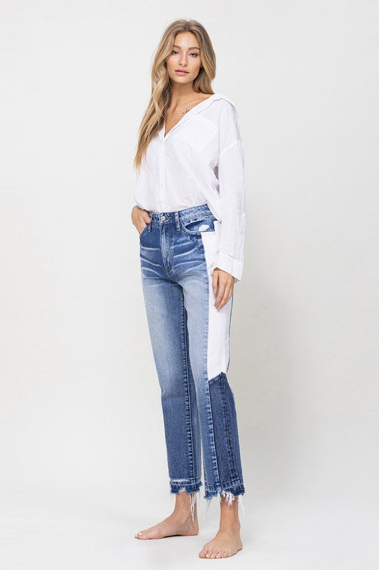 Super High Rise Straight Jeans w/Side Blocking Panel