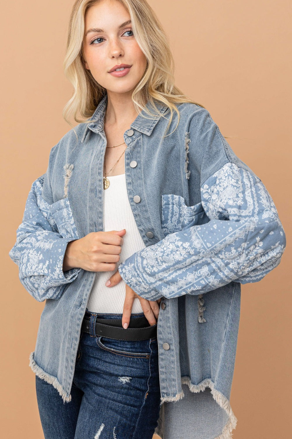 And The Why Full-Size Paisley Print Quilted Sleeve Denim Shacket