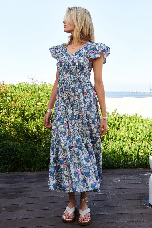 Davi & Dani Vintage Garden Floral Flutter Smocking Midi Dress