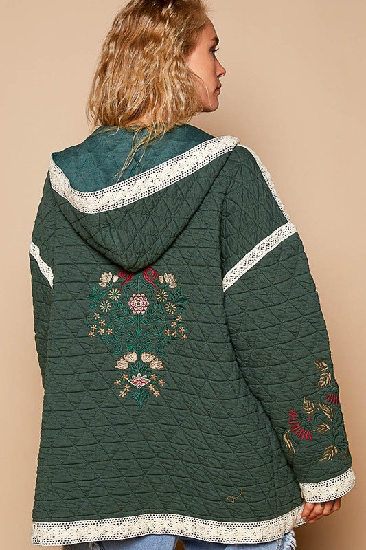 POL - Embroidered Open Front Quilted Hooded Jacket with Crochet Pockets