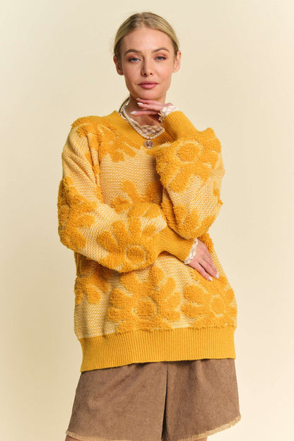 Davi & Dani - Flower Texture Round Neck Dropped Shoulder Sweater