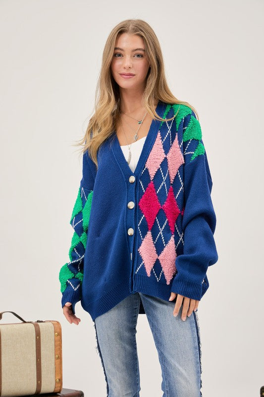 Davi & Dani Plush Argyle Knit Cardigan