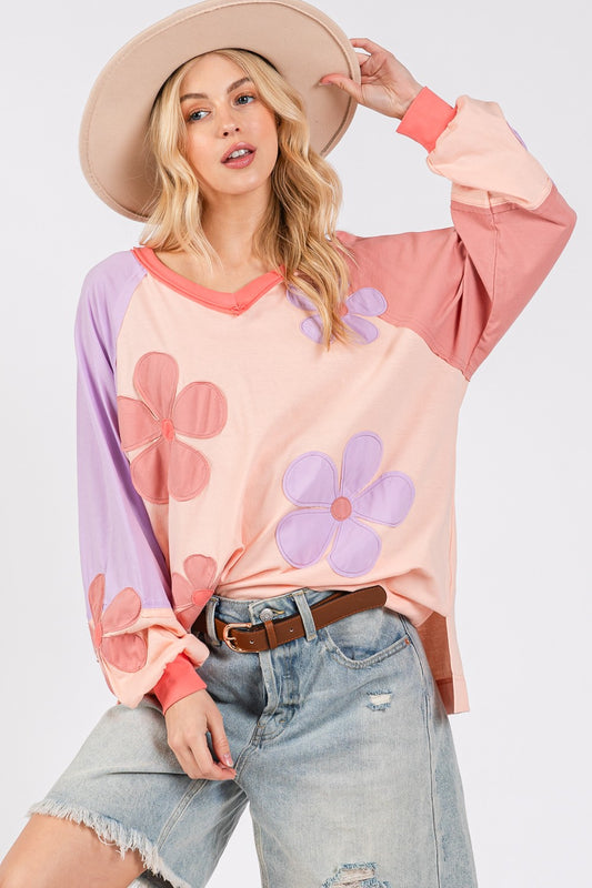 SAGE + FIG - Full Size Daisy Applique Patch Color Block Top