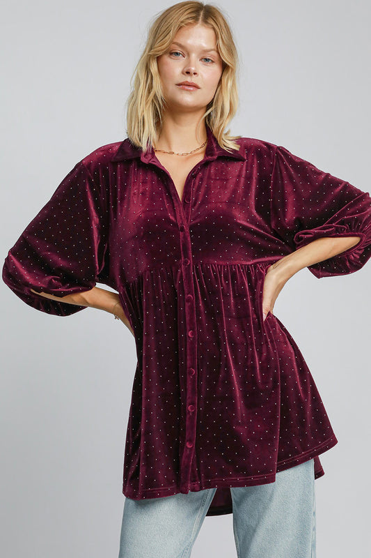 Umgee - Full Size Polka Dot Button Up Half Sleeve Shirt