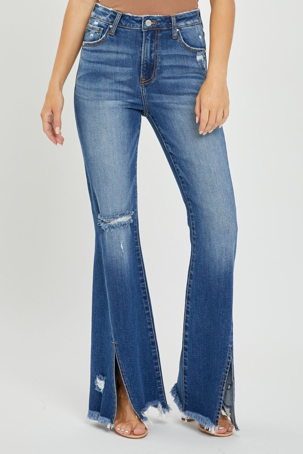 RISEN - Full Size Front Slit Frayed Hem Flare Jeans