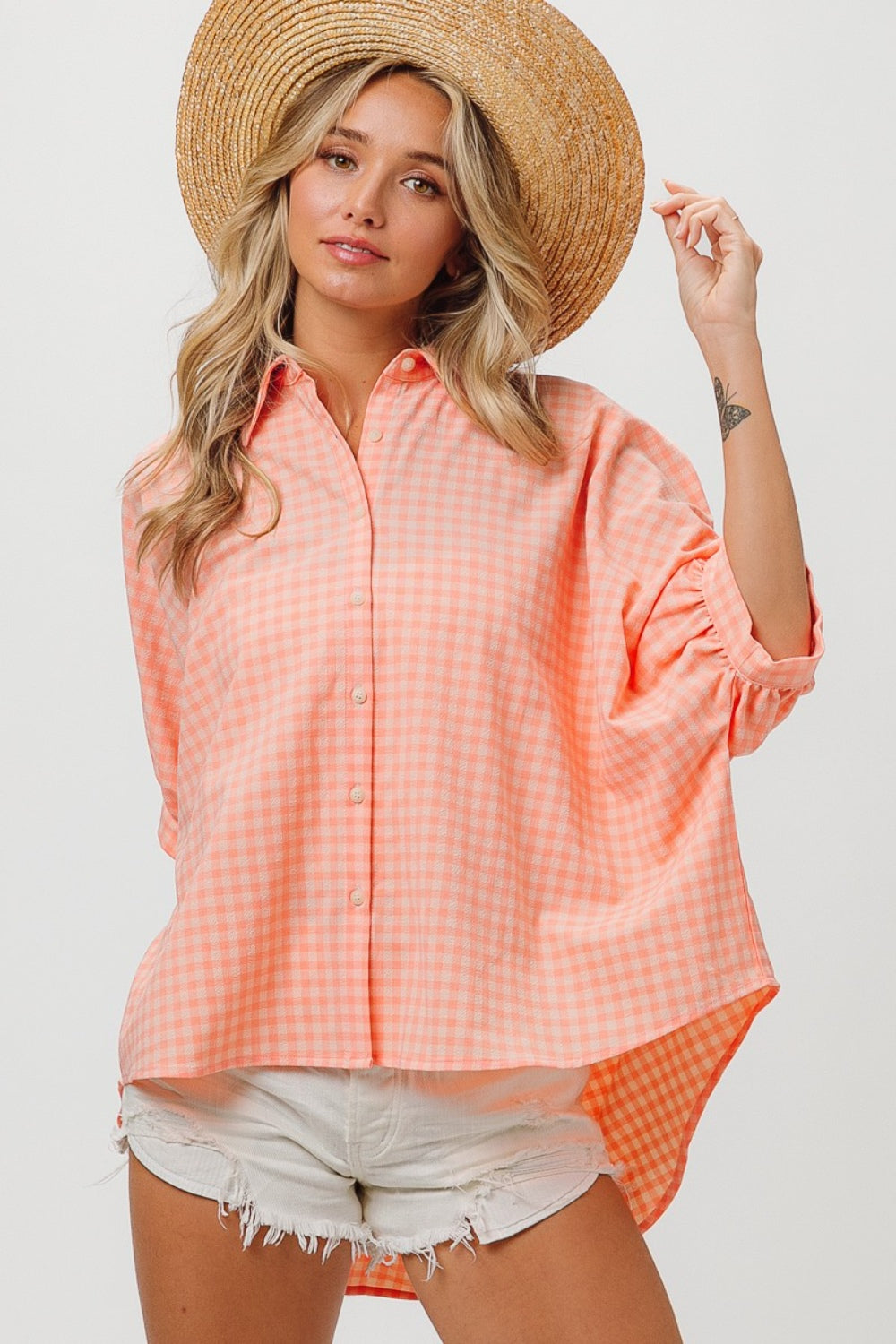 BiBi Plaid Hi-Lo Dolman Sleeve Shirt