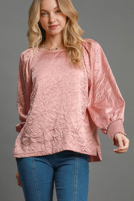 Umgee - Wrinkled Round Neck Lantern Sleeve Blouse