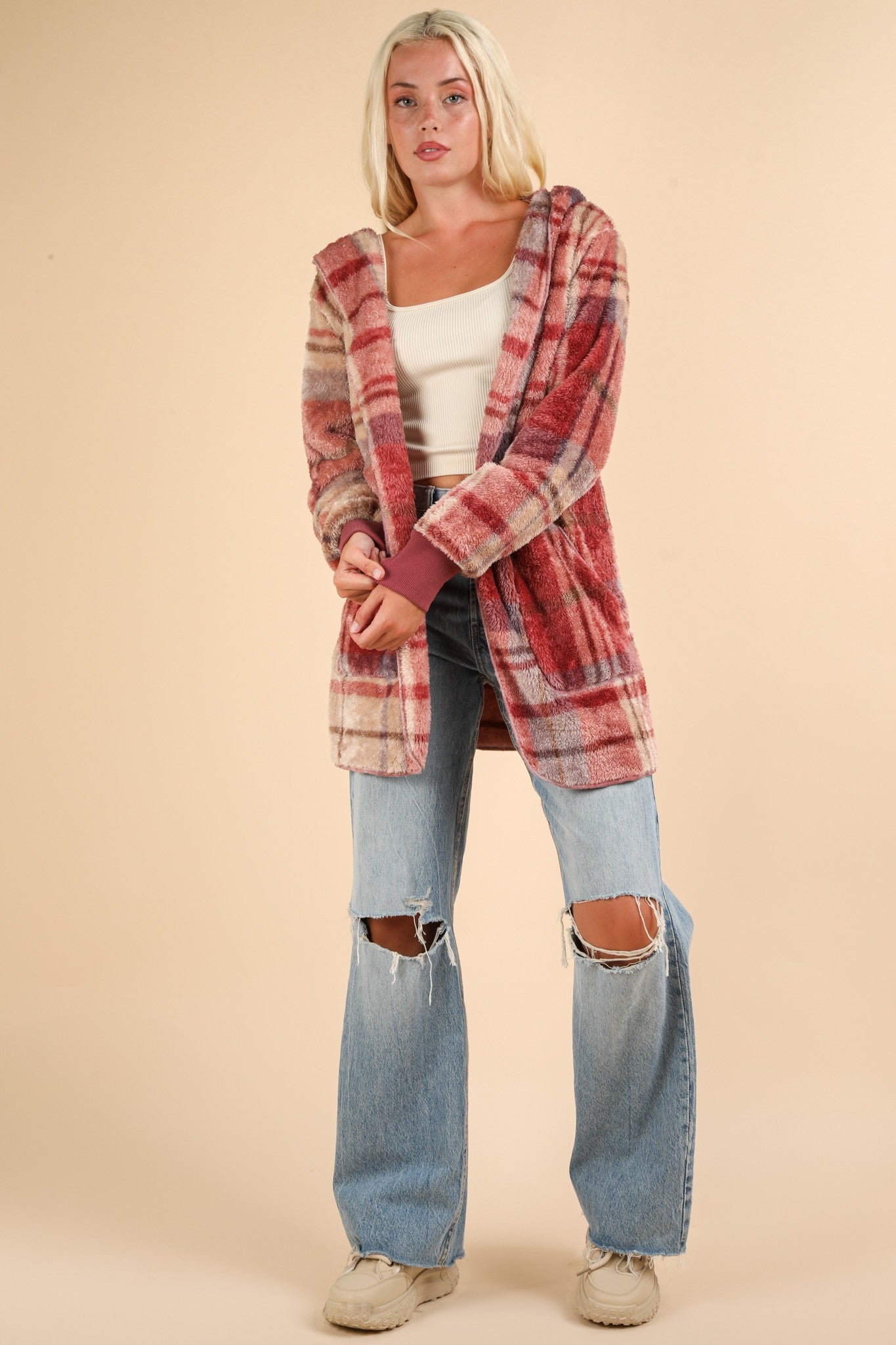 VERY J Fuzzy Plaid Lightweight Hooded Jacket