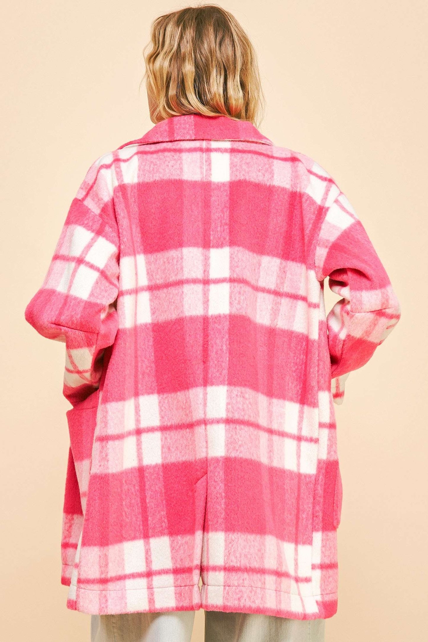 Davi & Dani - Plaid Open Front Drop Shoulder Longline Coat