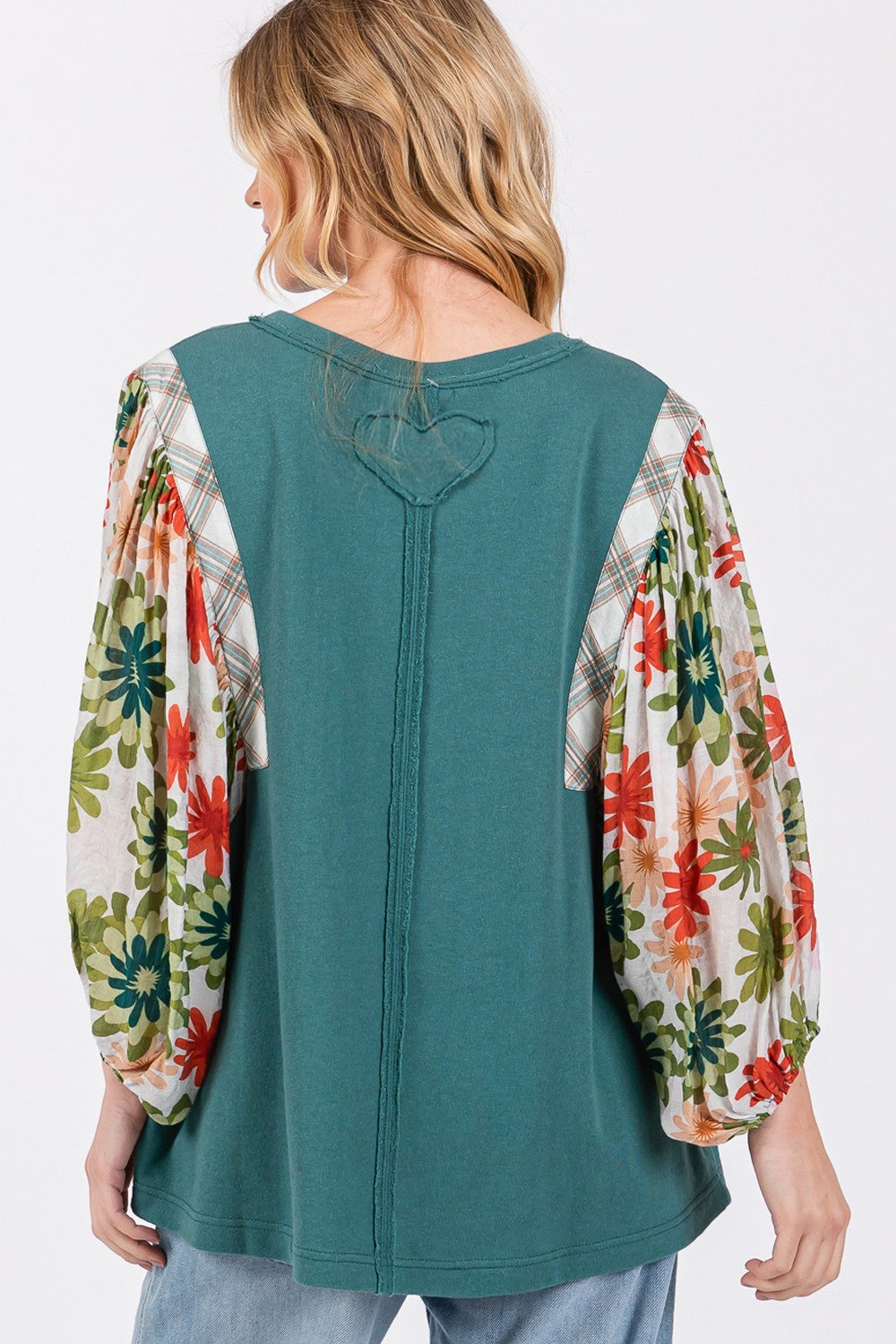 SAGE+FIG Full Size Printed Balloon Sleeve Contrast Top