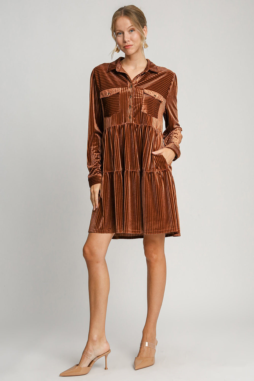 Umgee - Texture Tiered Collared Long Sleeve Dress