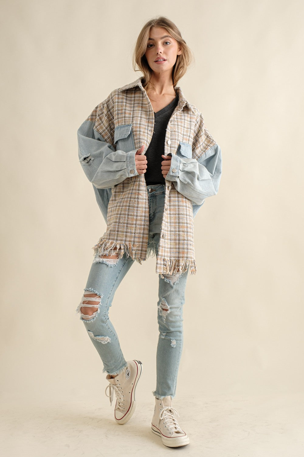 Sweet Generis - Tweed Mixed Denim Shacket with Fringed Hem