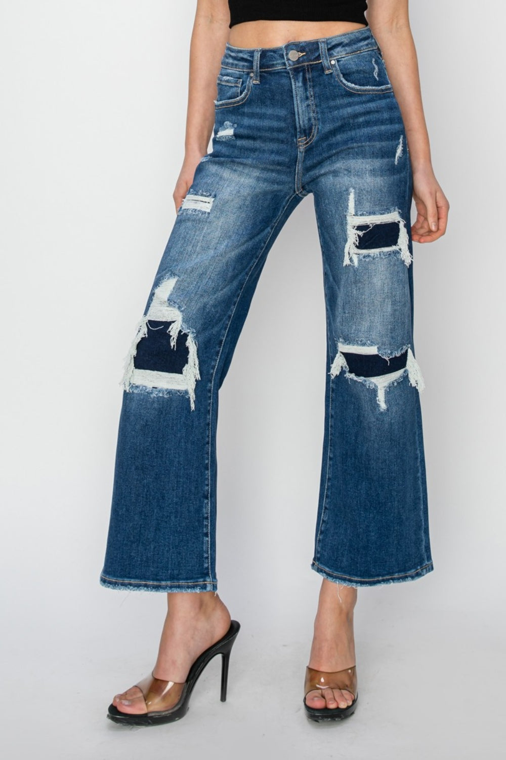 RISEN Full Size Patch Detailed Wide Leg Crop Jeans