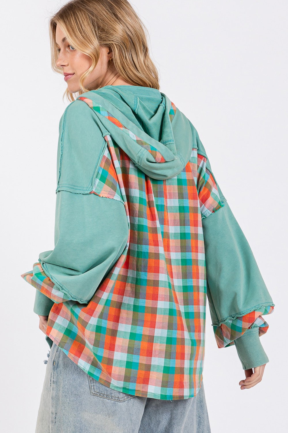 SAGE+FIG Full Size Plaid Print Washed Hoodie