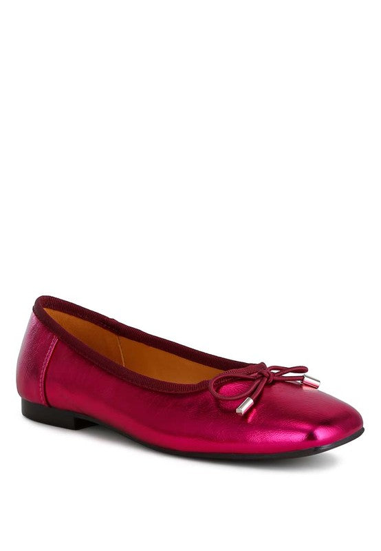 PRIMROSE Metallic Pleather Bow Ballerinas