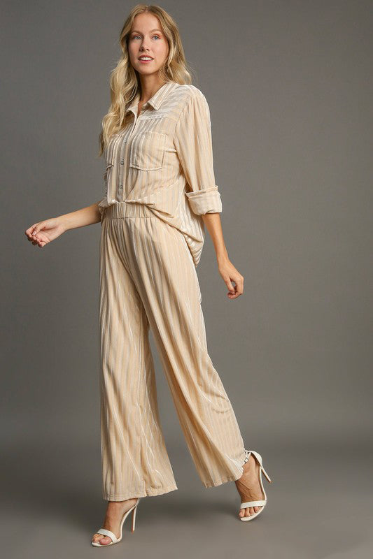 Umgee - Elastic Waist Striped Wide Leg Velvet Pants