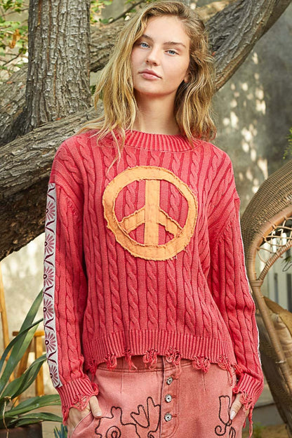 POL Washed Peace Patch Cable Knit Sweater