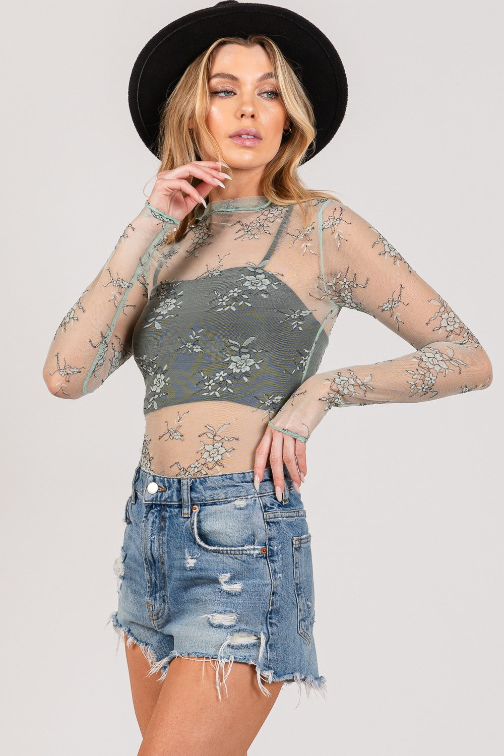 SAGE+FIG Mesh Floral Embroidery Top