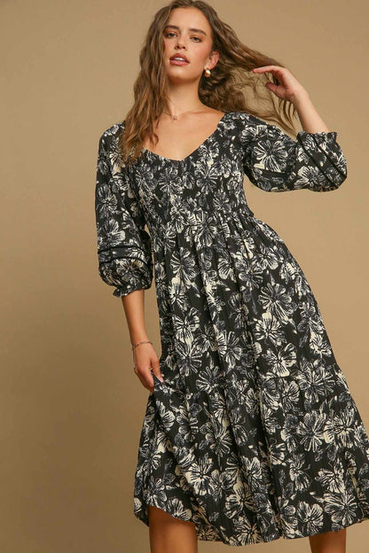 Umgee - Ruffle Hem Flower Printed V-Neck Dress