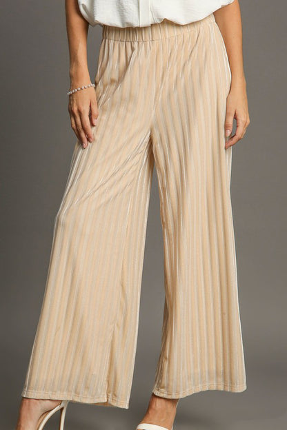 Umgee - Elastic Waist Striped Wide Leg Velvet Pants