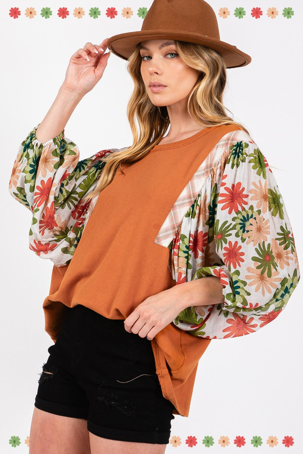 SAGE+FIG Full Size Printed Balloon Sleeve Contrast Top